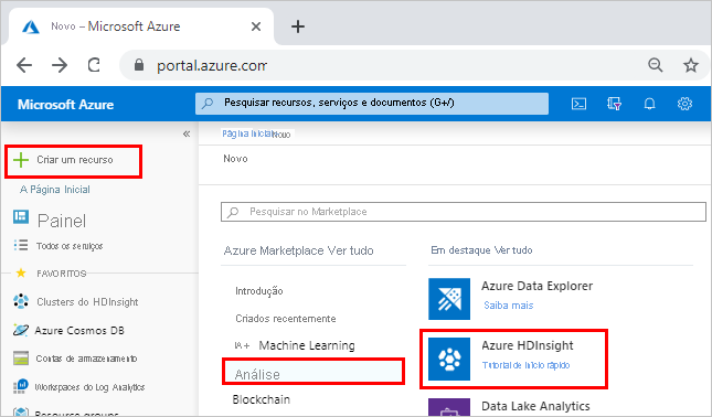 Screenshot that shows the Azure portal with Create a resource, Analytics, and Azure H D Insight highlighted.