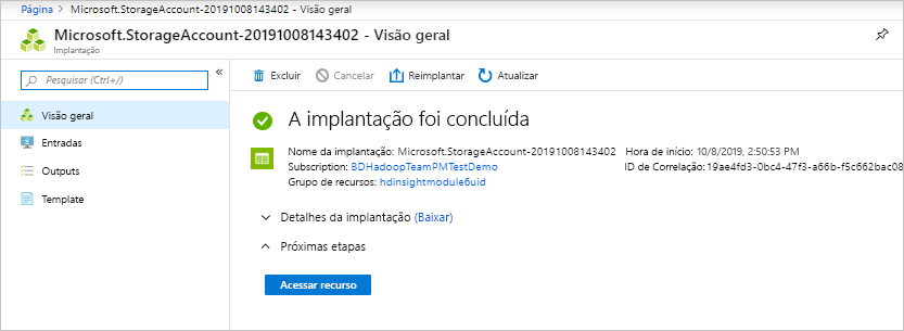 Screenshot that shows the Microsoft Storage Account overview page, stating that your deployment is complete.