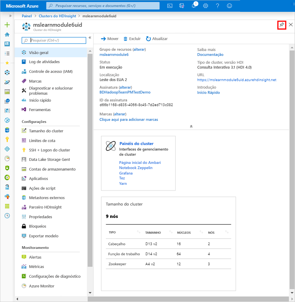 The HDInsight overview screen in the Azure portal.