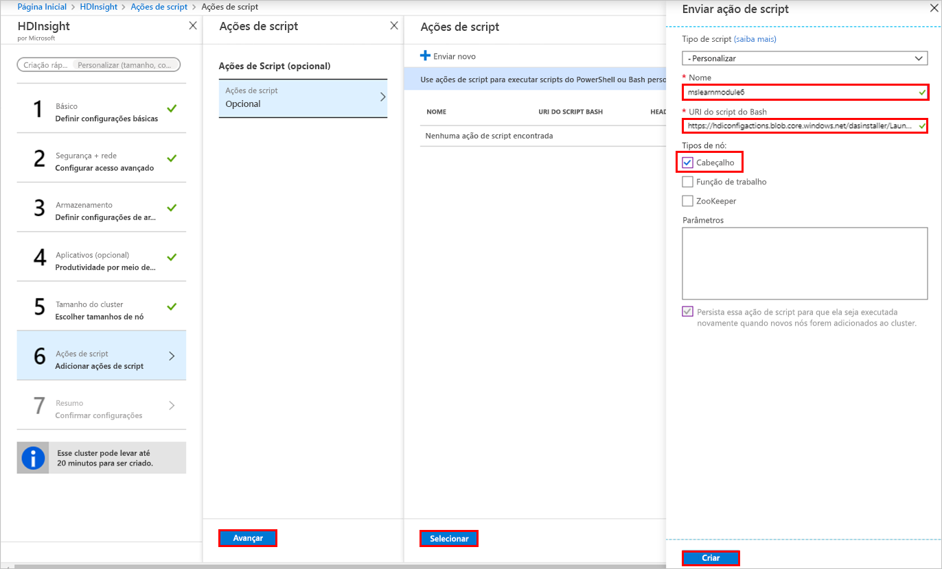 The script actions page in the Azure portal.