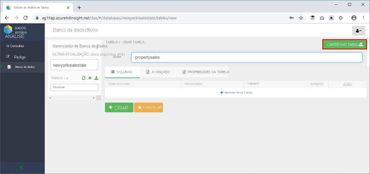 Upload table in the Data Analytics Studio application