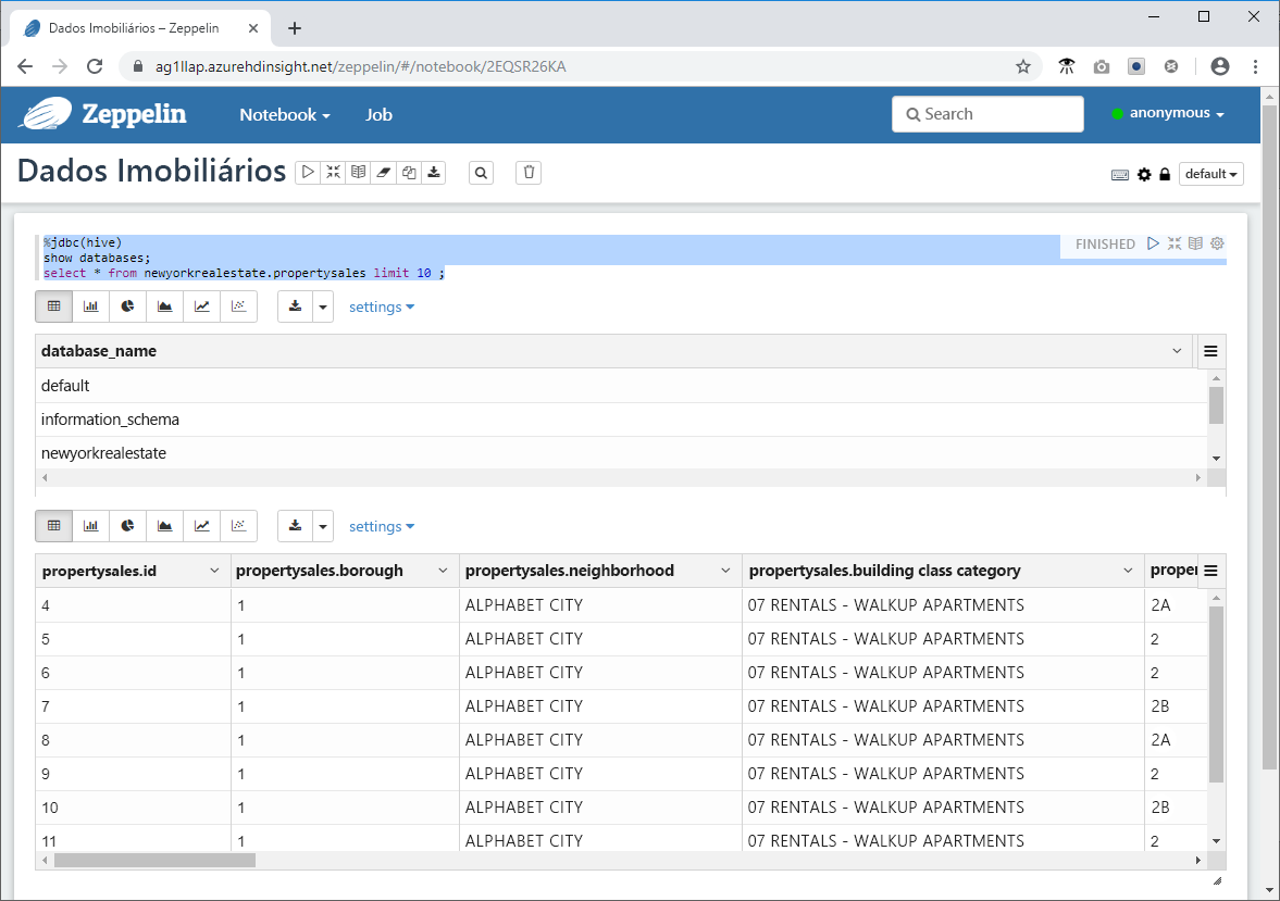 Viewing Query results in a Zeppelin Notebook in the Azure portal