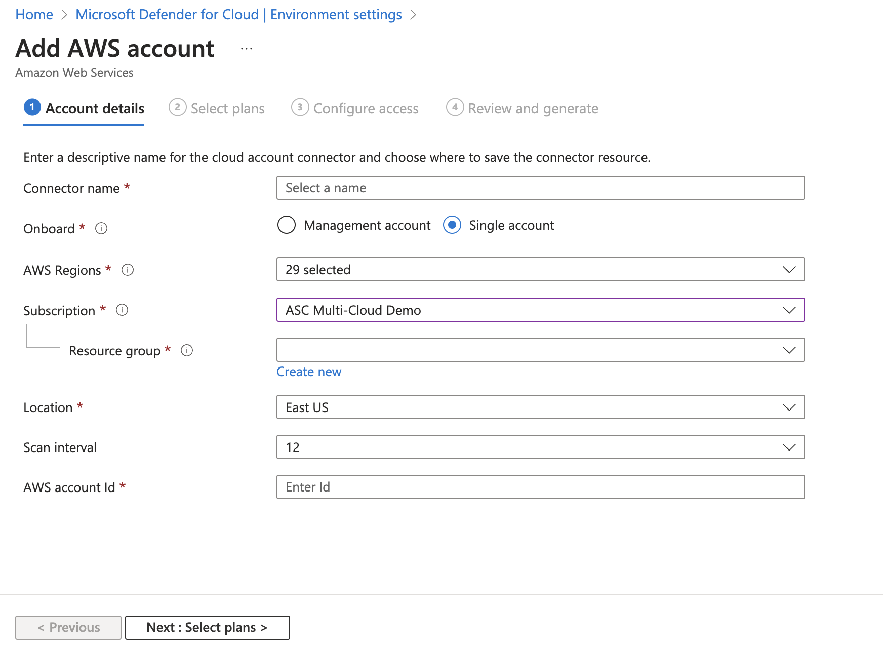Captura de tela que mostra a guia para inserir detalhes da conta para uma conta do AWS.