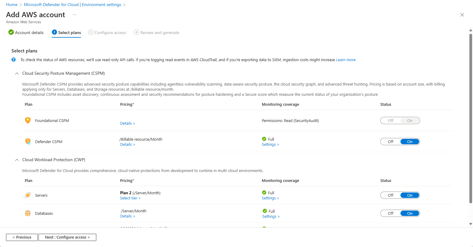 Captura de tela que mostra a guia para selecionar planos para uma conta do AWS.