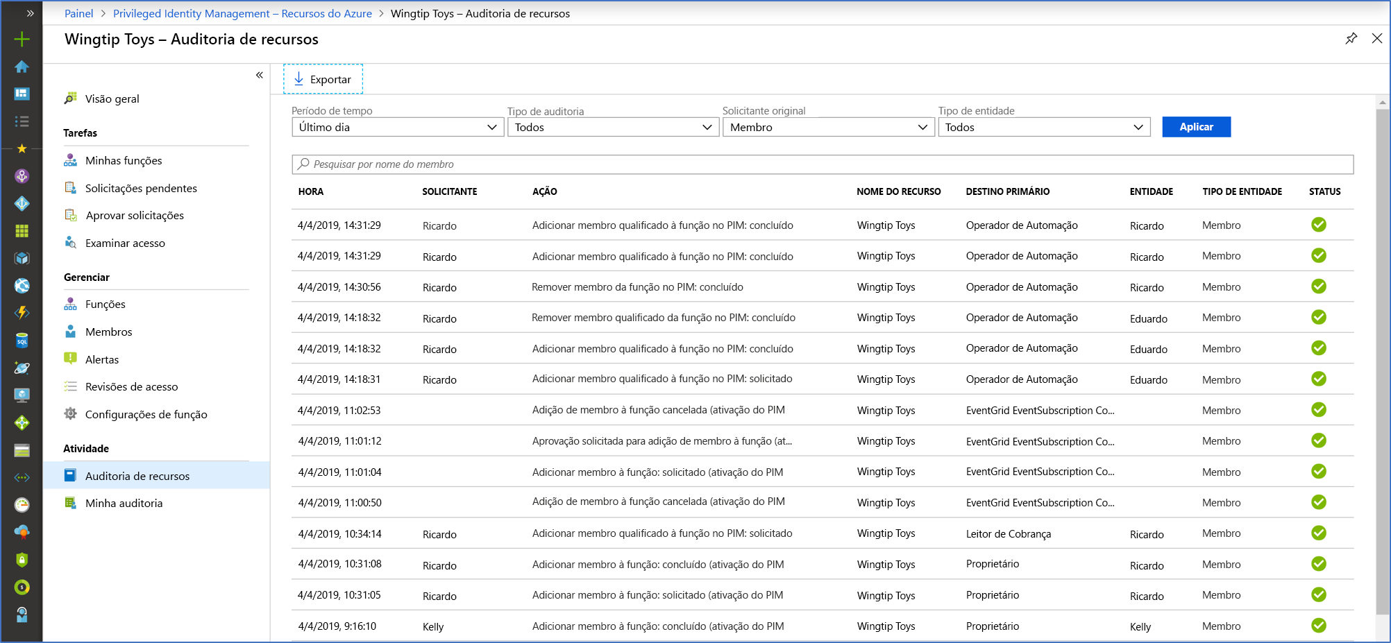 Screen capture showing the PIM audit history.