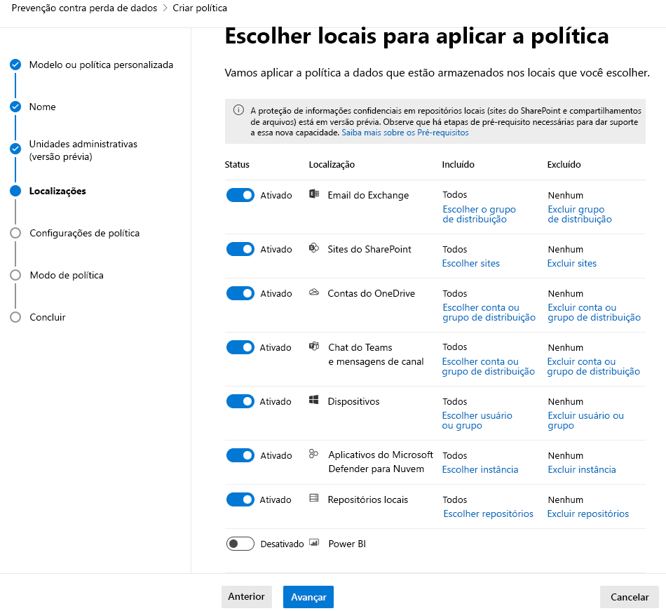 A screen capture from creating a DLP policy. The screen shows the options for choosing a location to apply a DLP policy.