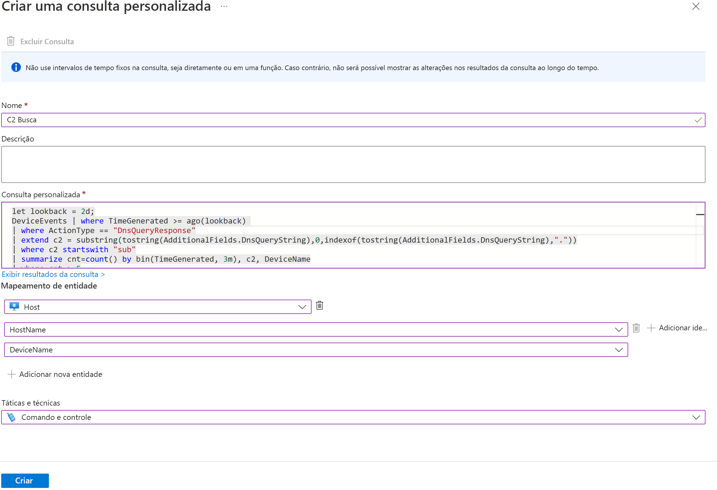 Screenshot that shows the page for creating a custom query in Microsoft Sentinel.