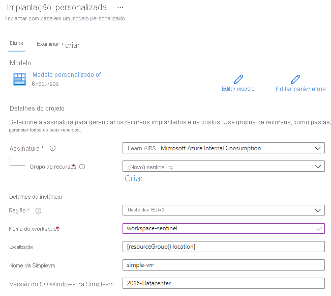 Screenshot of the custom deployment inputs for a Microsoft template.
