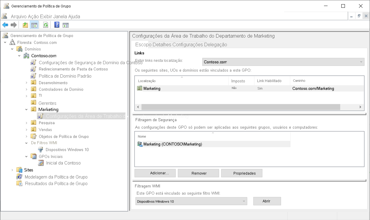 Uma captura de tela do console de Gerenciamento de Política de Grupo. O administrador selecionou um GPO vinculado à UO de Marketing. Exibidos no painel de detalhes estão um filtro WMI chamado Dispositivos Windows 10 e um filtro de segurança definido para o grupo marketing.
