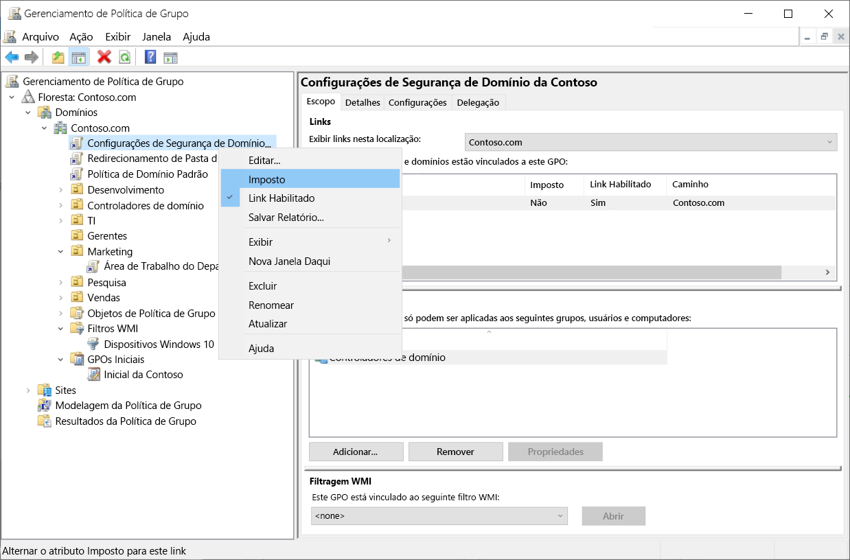 Captura de tela do menu de contexto da GPO de Configurações de Segurança de Domínio da Contoso no console de Gerenciamento de Política de Grupo. O administrador selecionou Imposto.