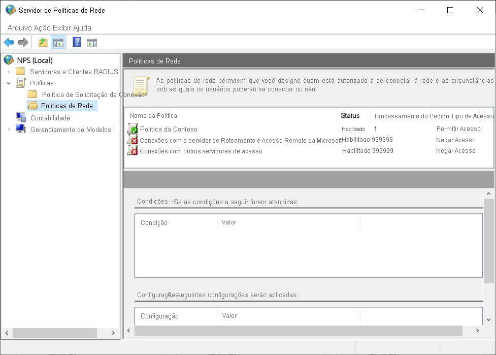 Uma captura de tela da caixa de diálogo Servidor de Política de Rede. O administrador criou uma política chamada Contoso Policy. As políticas padrão também são visíveis.