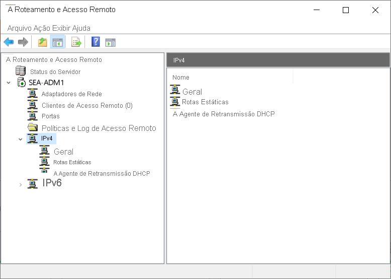 Uma captura de tela do console de Roteamento e Acesso Remoto. SEA-ADM1 é configurado como um servidor VPN.