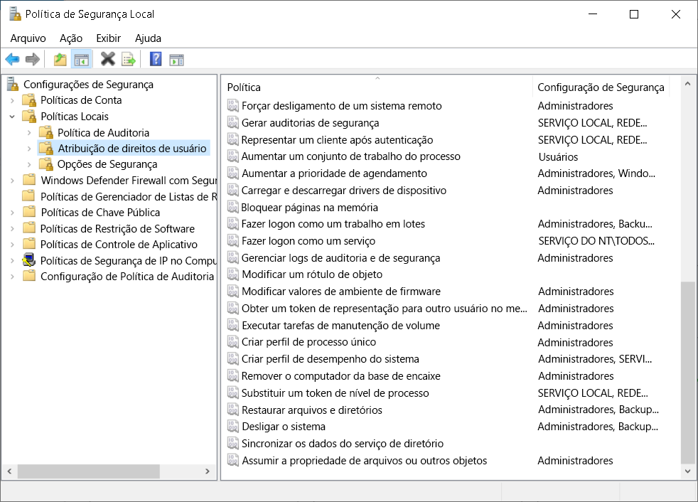 A screenshot of the Local Security Policy console. The administrator has selected the User Rights Assignment node, and displayed in the details pane are policies and security settings.