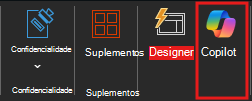 Captura de tela do ícone do Copilot na faixa de opções do PowerPoint.