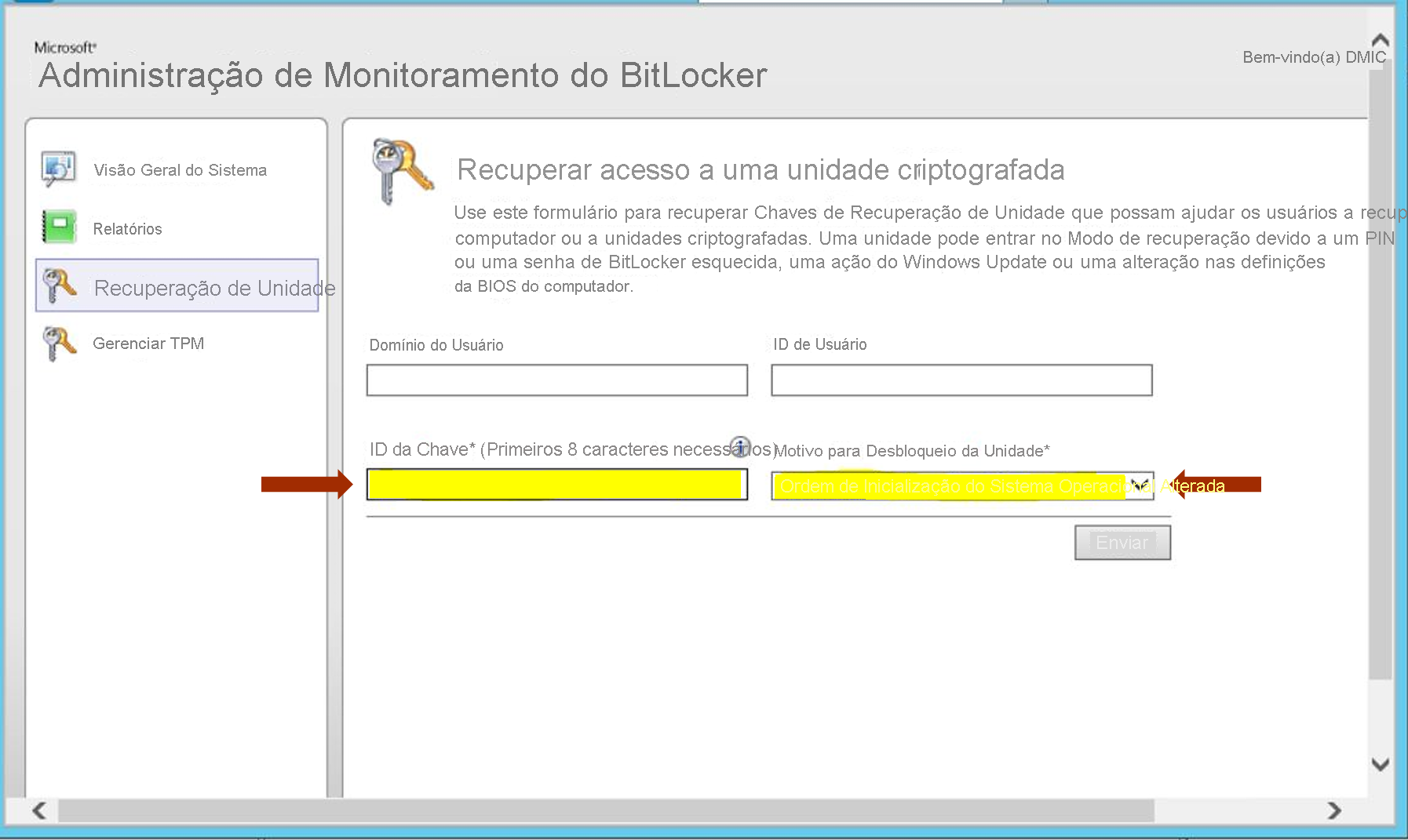 Captura de tela do MBAM da Microsoft solicitando o KeyID e o motivo para recuperação do acesso a uma unidade criptografada.