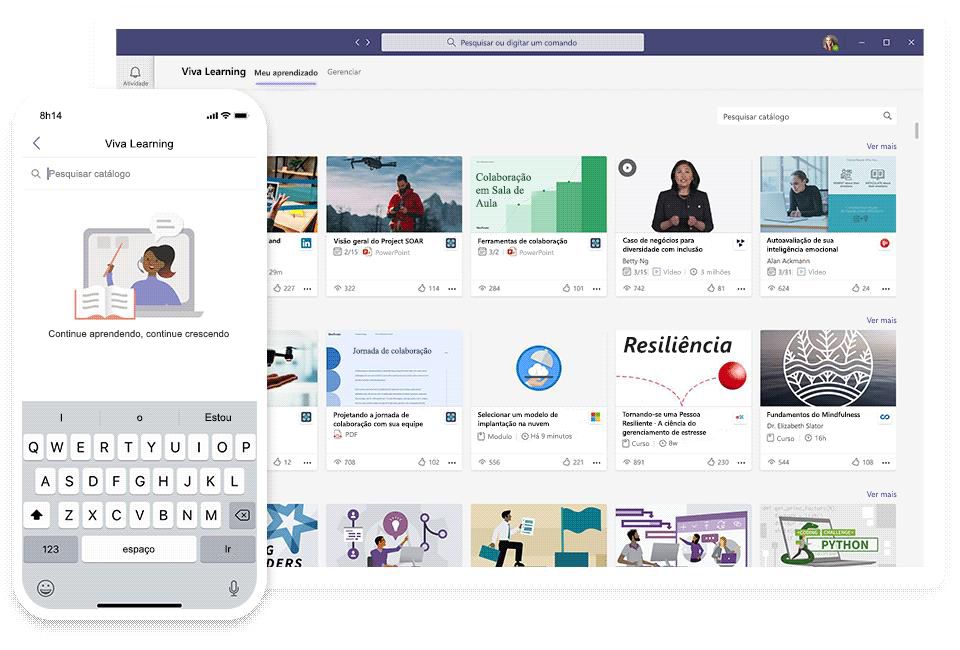 Captura de tela mostrando o aplicativo Viva Learning na plataforma Microsoft Viva.