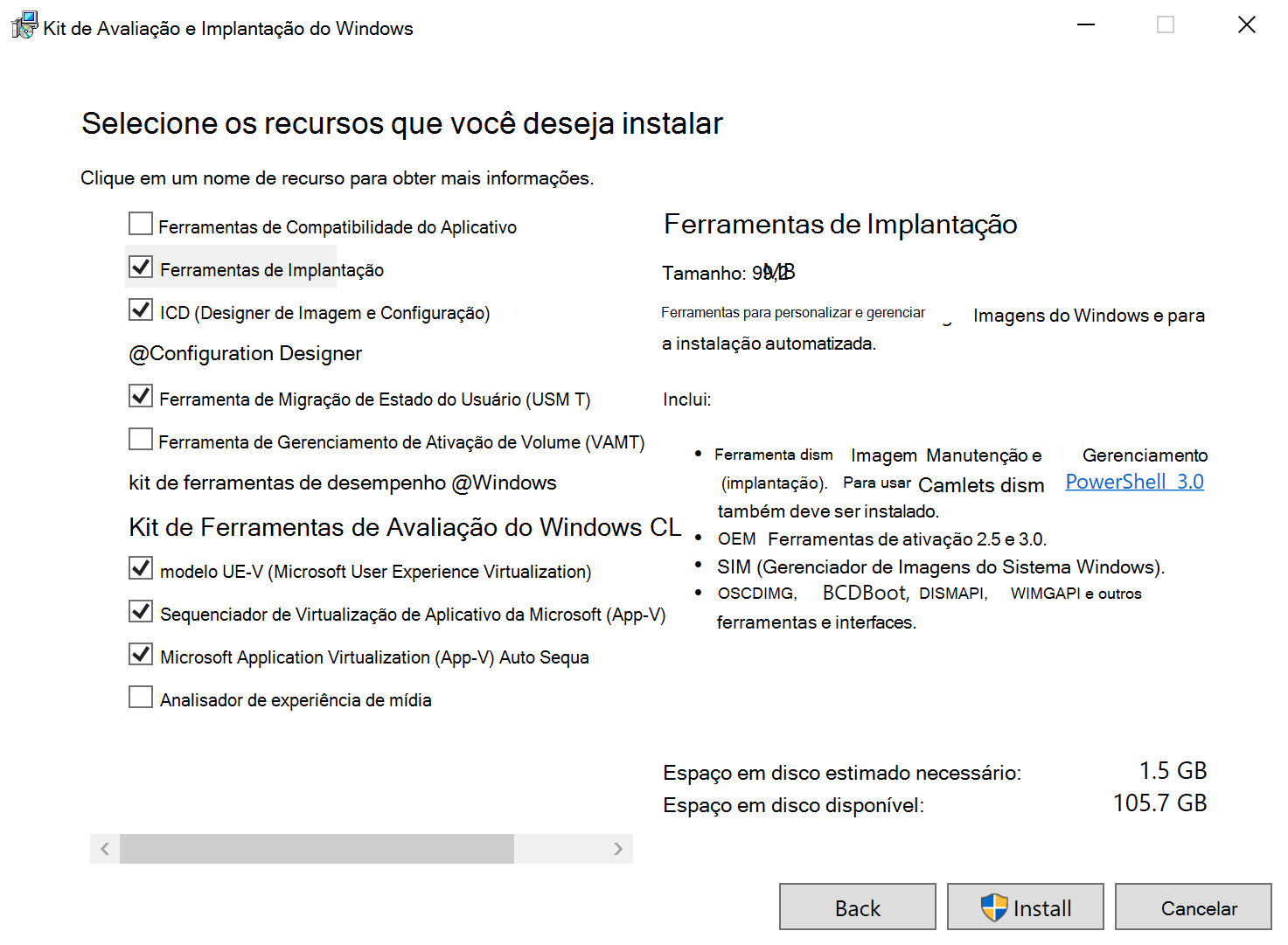 Captura de ecrã do instalador A D K a mostrar as várias ferramentas disponíveis para optar por instalar.