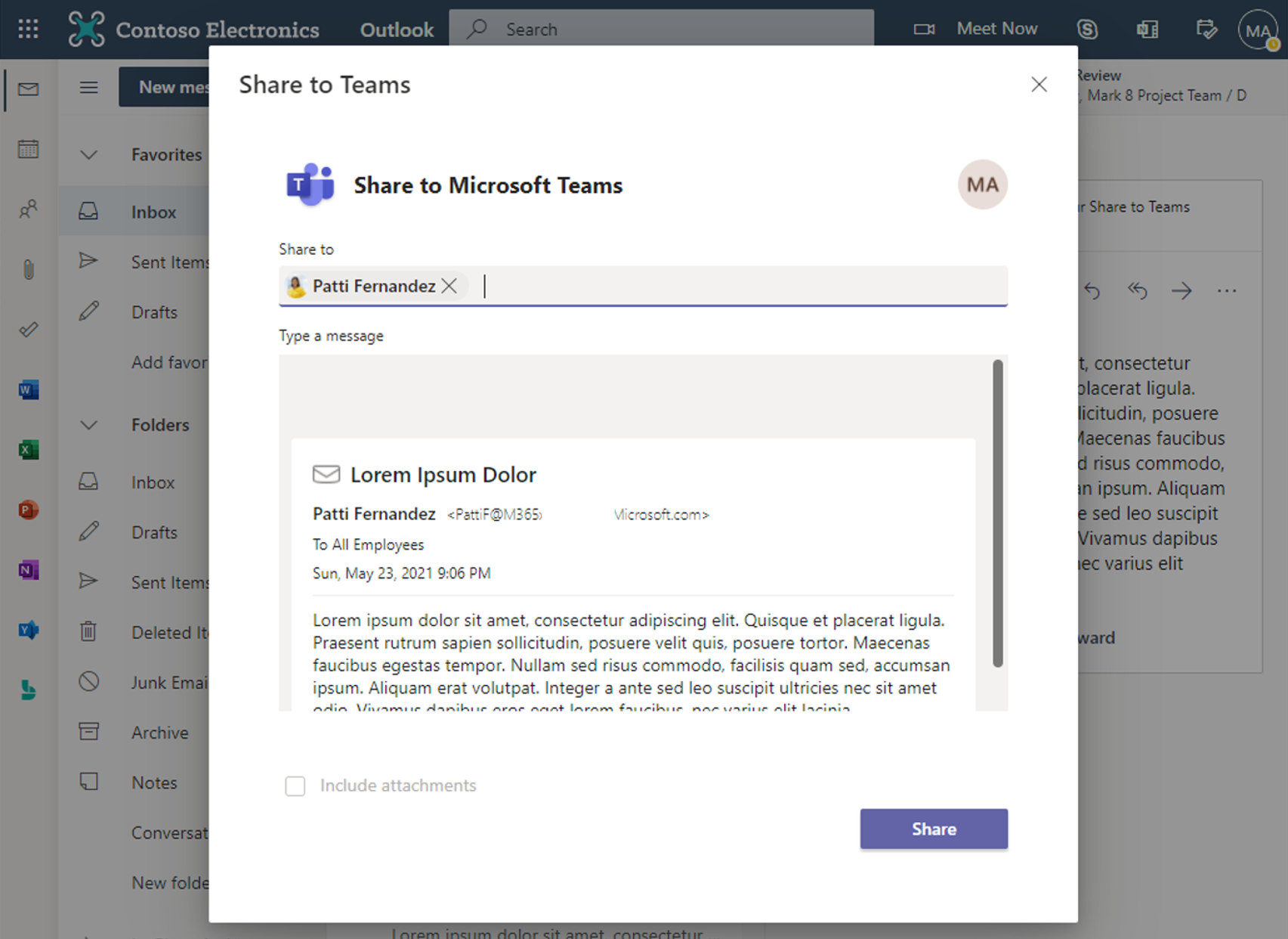 Captura de ecrã a mostrar a integração entre o Outlook e o Microsoft Teams.