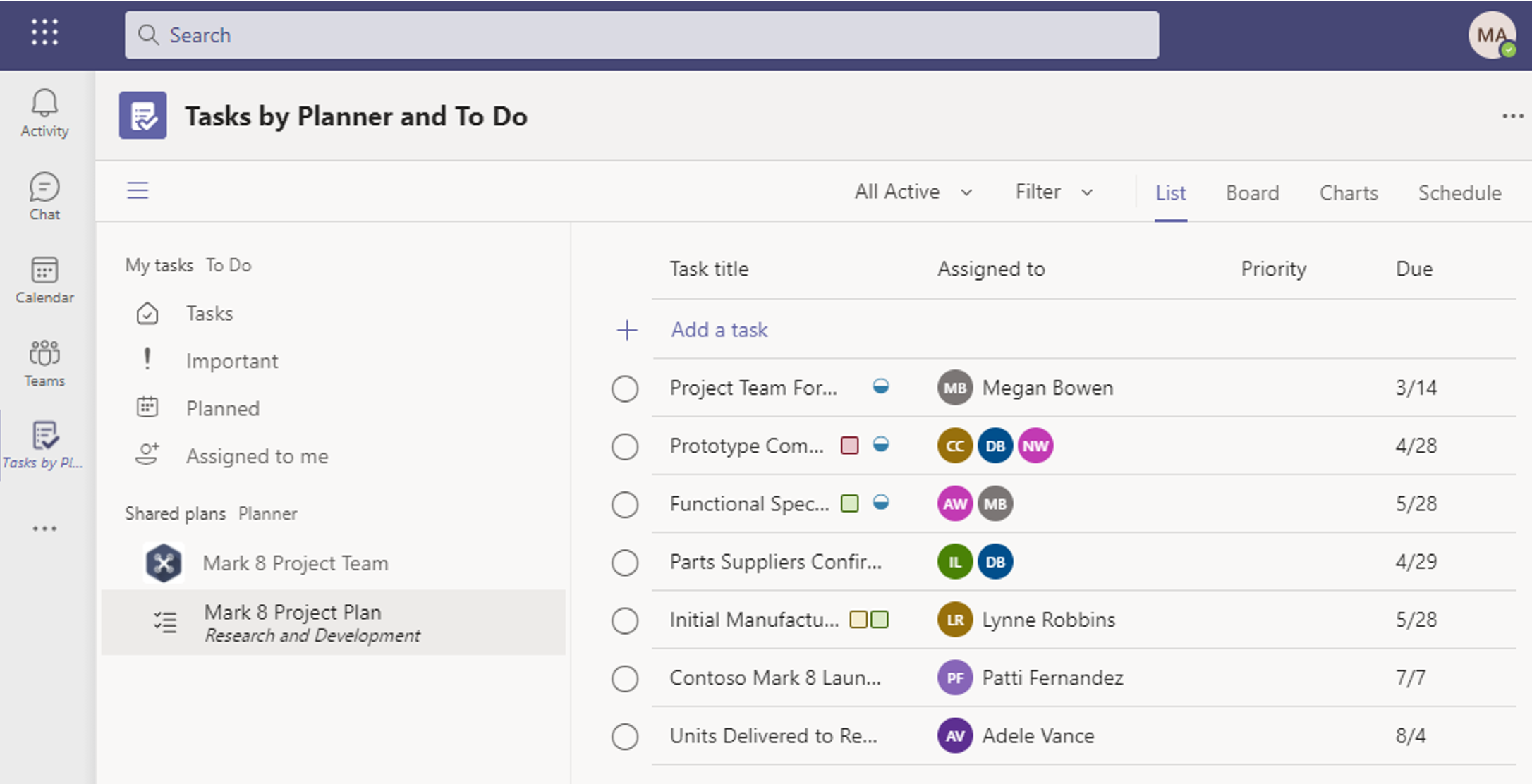 Captura de ecrã do gráfico que ilustra o Planner e as Tarefas no Microsoft Teams.
