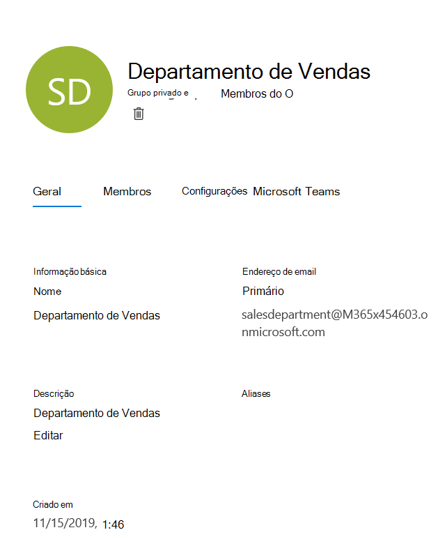 Captura de ecrã a mostrar a gestão do grupo do Microsoft 365.