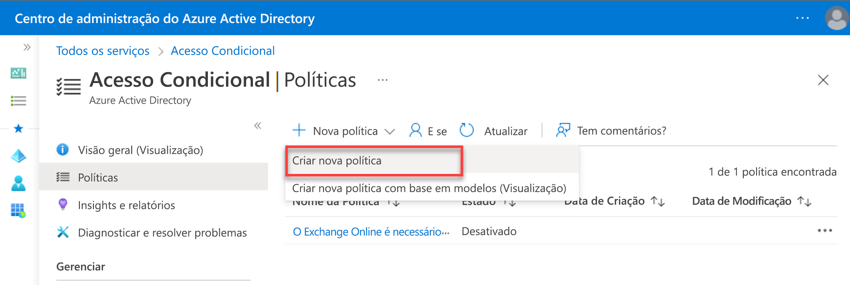 Captura de tela da criação de uma nova política de Acesso Condicional do centro de administração do Azure Active Directory