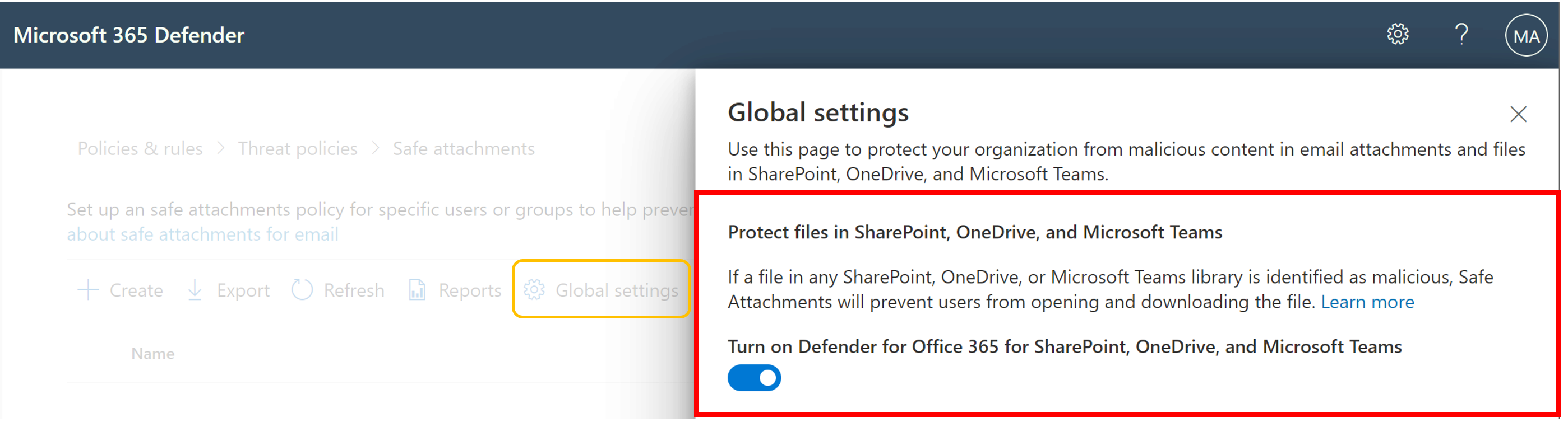 Captura de tela da habilitação de Anexos Seguros para SharePoint, OneDrive e Microsoft Teams.