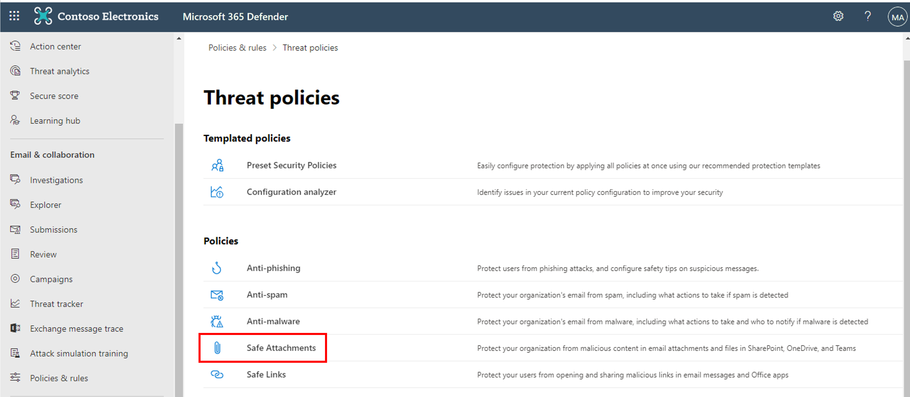 Captura de tela de anexos seguros na página de Políticas de Ameaças.