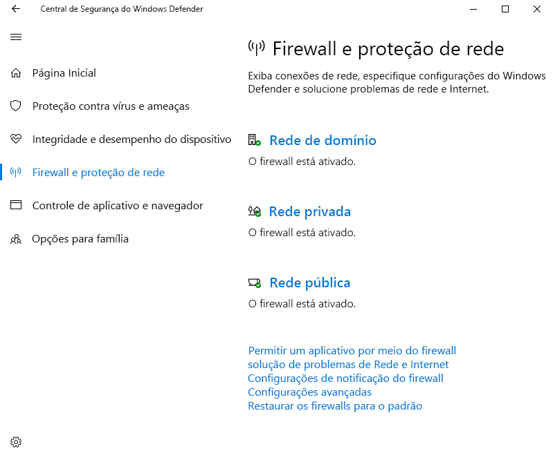 Screenshot of Windows Defender Security Center, Firewall and network protection.