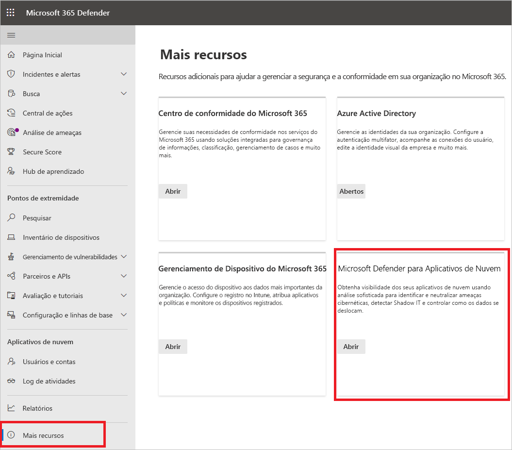 Captura de tela da página Microsoft Defender para Aplicativos de Nuvem com configurações de acesso.