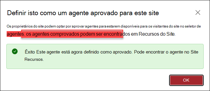 Captura de ecrã a mostrar a caixa de diálogo intitulada Definir como um agente aprovado para este site.