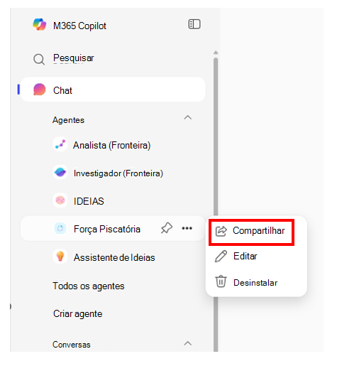 Captura de ecrã do painel de navegação na home page do Microsoft 365 Copilot a mostrar a opção Partilhar realçada para um agente.