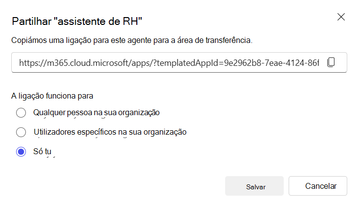 Captura de ecrã da janela Partilhar que é apresentada quando seleciona a opção Alterar definições de partilha.