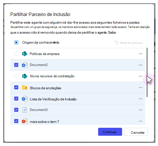Captura de tela mostrando uma lista de arquivos e pastas de fonte de conhecimento que podem ser compartilhados.