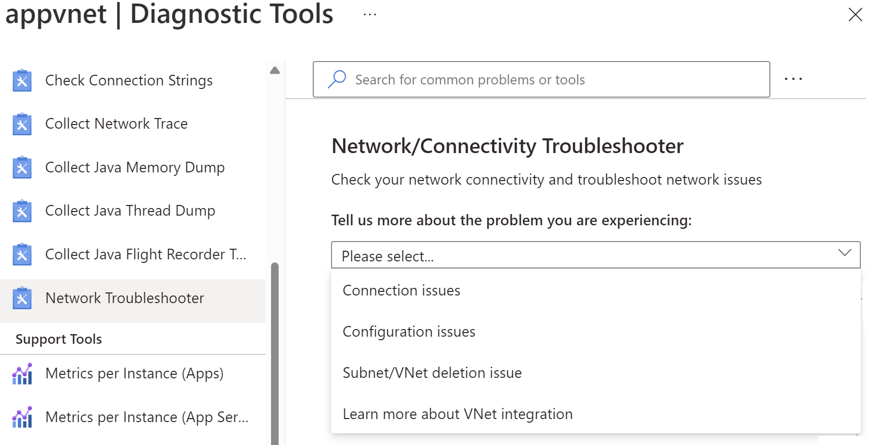 Captura de tela que mostra como abrir a solução de problemas de rede no portal do Azure.