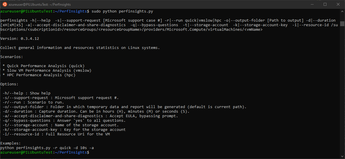 Captura de tela da saída da linha de comando do PerfInsights Linux.