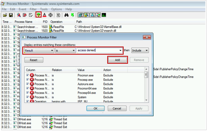 Captura de tela do botão Filtro na faixa de opções da caixa de diálogo Filtro do Monitor de Processo quando você filtra por Resultado é ACESSO NEGADO.