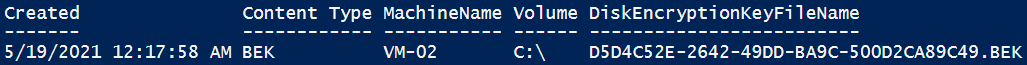 Captura de tela da saída do PowerShell em uma tabela mostrando o nome do arquivo de chave de criptografia de disco para um tipo de conteúdo de bek.