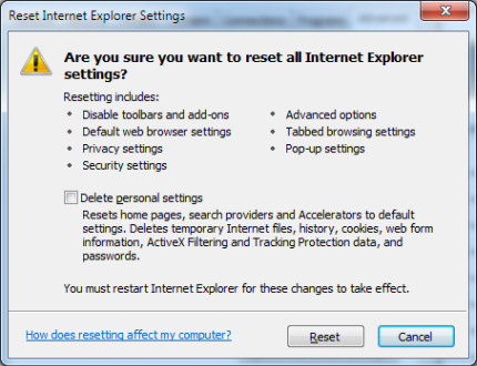 Captura de tela da janela Redefinir Configurações do Internet Explorer.