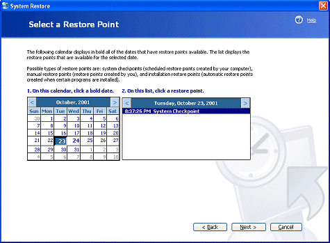 Captura de tela da página Selecionar um Ponto de Restauração.