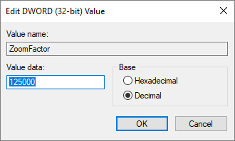 Captura de tela da caixa de diálogo Editar Valor DWORD. A opção decimal é verificada e 12.500 é a entrada no campo Dados de valor.