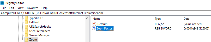 Captura de tela da janela Editor do Registro, mostrando o caminho para o fator zoom.