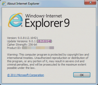 Captura de tela da página Sobre a Internet Explorer para Internet Explorer 9, mostrando as versões de atualização instaladas: 9.0.1 (KB2530548).