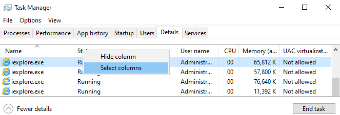 A captura de tela mostra o item de entrada Selecionar colunas acima do cabeçalho da coluna Status.