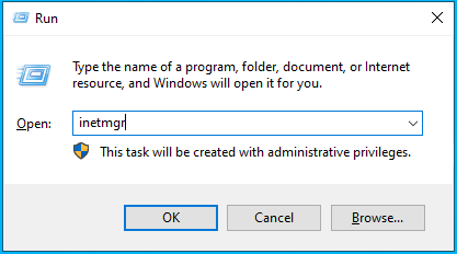 Captura de tela da digitação de inetmgr na janela Executar.
