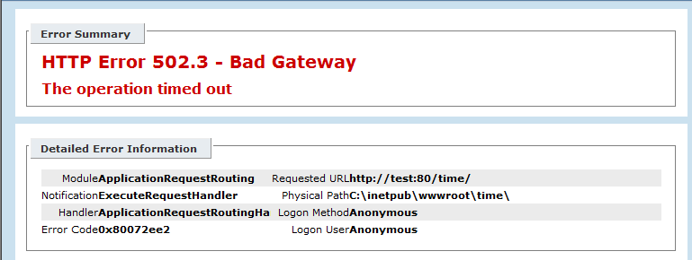 Captura de tela que mostra 502 erros detalhados que aparecem quando erros detalhados são habilitados no servidor.