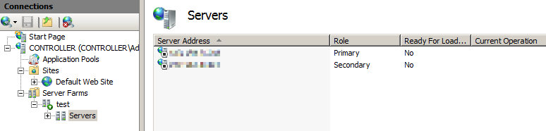 Captura de tela que mostra como navegar até o nó Servidores no farm Server no Gerenciador do IIS.
