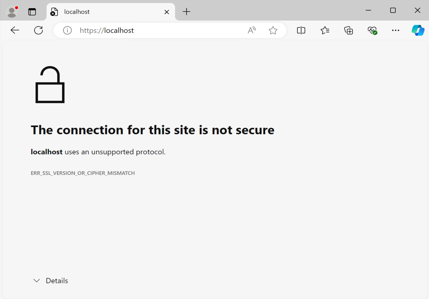 Captura de tela de uma página do navegador mostrando a mensagem, a conexão para este site não é segura.