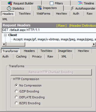 Captura de tela da Compactação HTTP definida como Sem Compactação na guia Transformador.