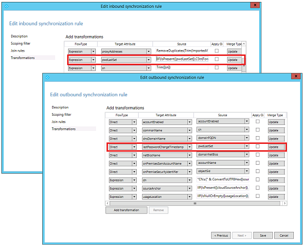 Captura de tela do Editor de Regras de Sincronização do Microsoft Entra Connect.