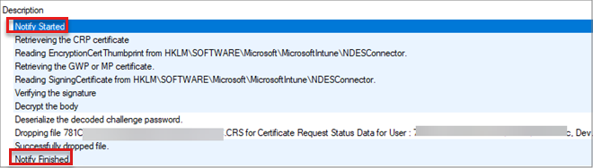 Captura de tela das entradas no log do Ponto de Registro de Certificado.